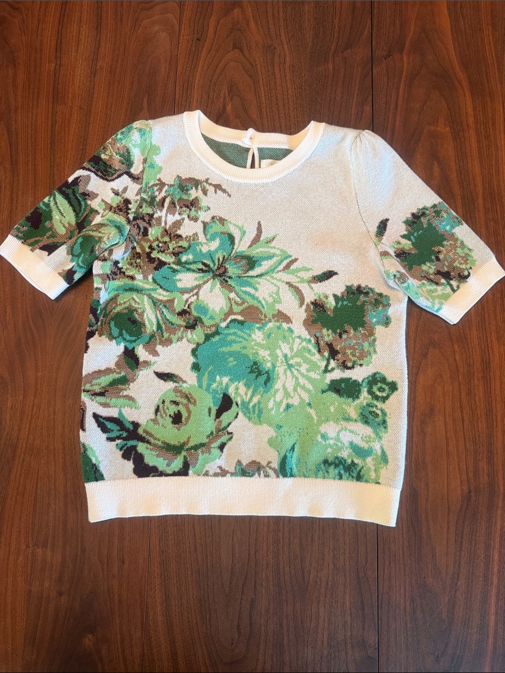 Anthropology Maeve Green Floral Sweater Short Sleeve Women's Medium